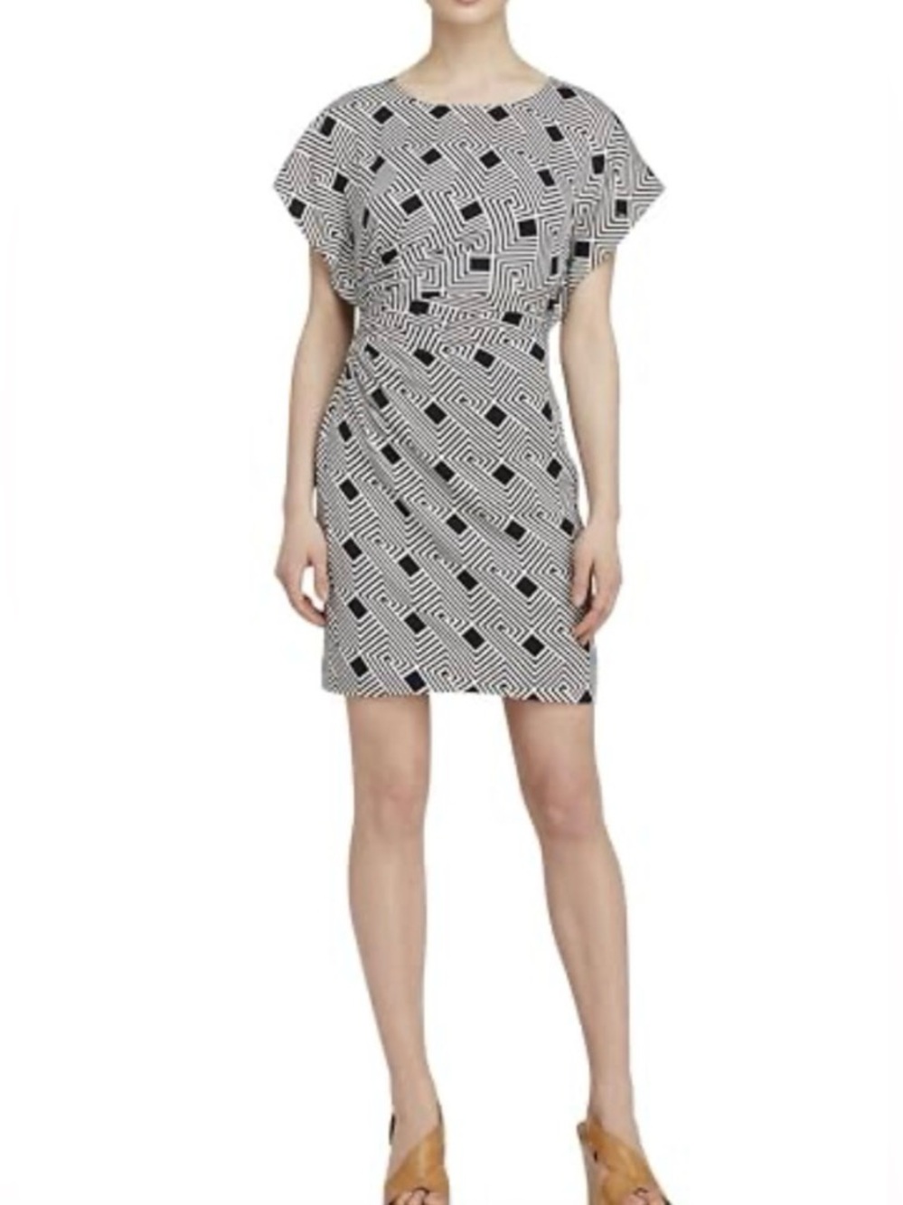 Diane von Furstenberg Geometric Silk Sheath Dress Size 6 Black White V-Neck
